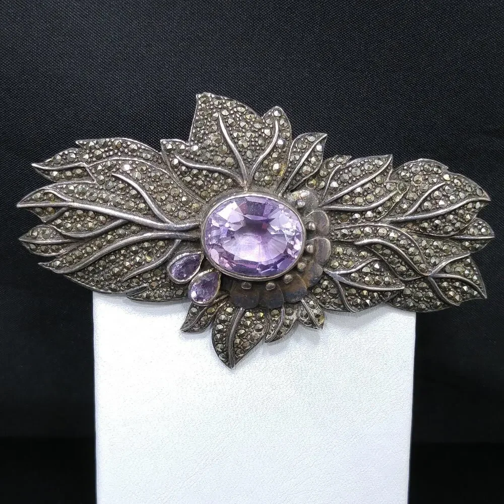Amethyst Sterling Silver Marcasite Brooch, Artisan Made, 1950s Vintage Jewelry